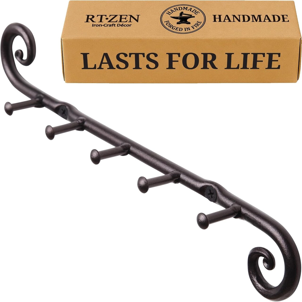 Farmhouse Small Key Holder for Wall - Handcrafted Swirl Decorative 5 Key Hooks for Home Entryway - Wrought Iron Wall Mount Rack Purse Coat and Leash Holder or Organizer (Classic Black)